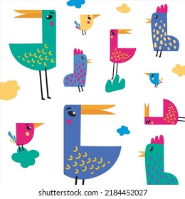 Fanny drawn characters of birds. Bright colors