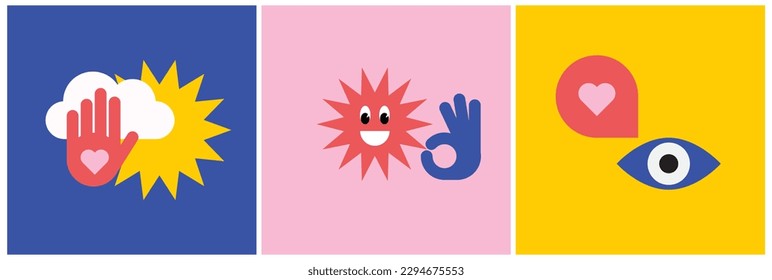 Fanny Flat elements pack. Character stickers. Retro and funky design. Bright colors. Contrasting colors, zine aesthetic. Vectored shapes, retro vibes. Hand, eye, smile. Icon for UI or print for kids