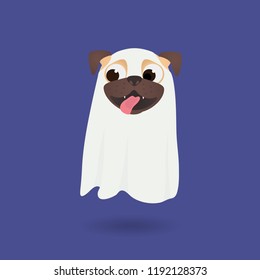 Fanny Halloween ghost. Cute dog dress up ghost suit. Little happy pug puppy in Halloween costume. Ghost Costumes for Dogs. Vector cartoon illustration.