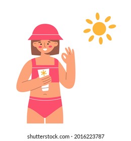 Fanny kid using sunscreen to the beach. Kid Sun cream. Sun protection for baby skin. Summer vacation. Vector flat illustration isolated  on white background. 