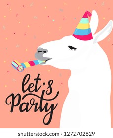 Fanny llama in a striped hat with a whistle. Alpaca celebrates birthday. Confetti. Let`s Party hand drawn lettering