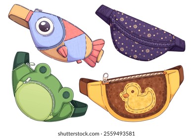 Fanny pack animal designs - cute fish shaped carrier, floral purple pouch with flowers pattern, green frog waist bag, yellow belt pack with duck print. Playful accessories for children fashion.