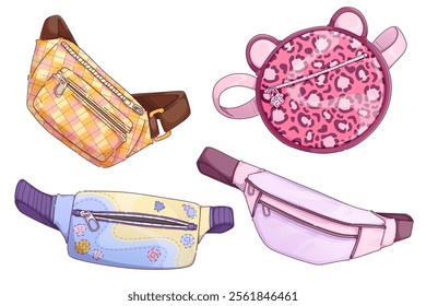 Fanny pack collection with various designs - checkered waist bag, cute leopard print round pouch with ears, sea elements patterned belt pack, minimalist pink sport carrier. casual fashion accessory.