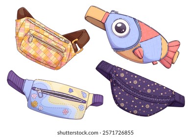 Fanny pack designs with different patterns - fabric checkered pastel pouch, cute fish shaped bag, floral purple carrier, sea shell belt pack. Stylish casual girl or children waist accessories.