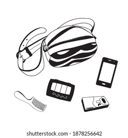 fanny pack with different things. vector illustration of shoulder bag. 