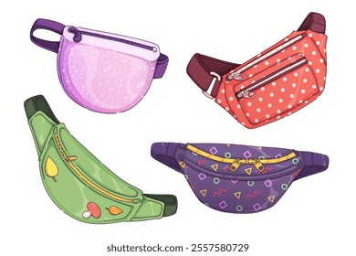 Fanny pack set. Belt and shoulder bags - pink glitter pouch, red polka dot, green carrier with leaf prints, geometric patterned purple waist pack. Modern fashion accessories for convenient storage.