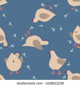 Fanny pattern  with  doves in different poses on the pantone blue background with bird's footprints.   Funny minimalistic print with walking doves.  For textiles, wallpapers, designer paper, etc
