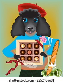 Fanny vector illustration of a cute black dog in red hat, blue sweeter with a box of chocolates, rose, green apples and bred in french style, valentine.