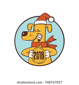Fanny yellow laughing dog character with hat and scarf. Have golden medal. Symbol of 2018 year. Hand drawn doodle style greeting card design. Isolated vector illustration

