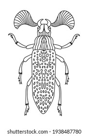 El escarabajo fanático es un libro colorido de escarabajos insectos. Ilustración vectorial lineal del escarabajo fanoso. Libro de colorantes antiestrés para adultos y niños. Libro de colorantes de doodles dibujado a mano.