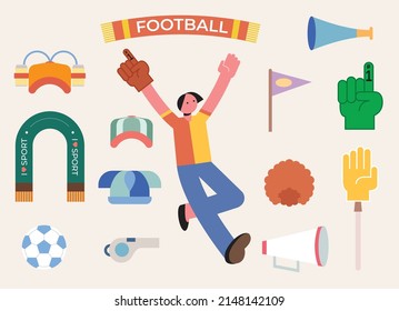 Fans accessories. Isolated flags, soccer fan tools. Sport hat, cheering boy support match. Cheerleader girl, football team celebration utter vector set