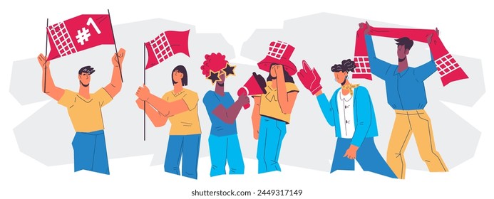 Fans celebrate team victories together, flat vector illustration isolated on white background. Sport fans and team of supporters cheering their team at stadium.