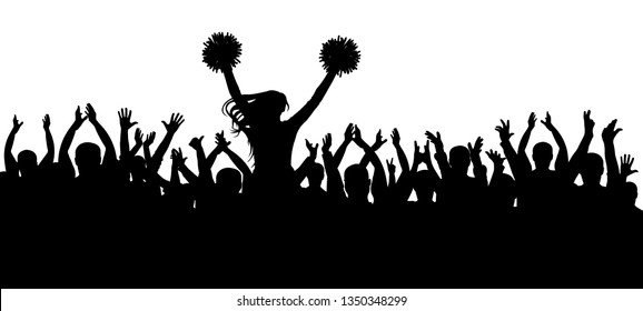 The fans cheering along with the cheerleader silhouette. Crowd. Sport. Vector illustration