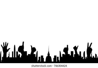 Fans cheering hands and background buildings 