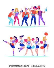 Fans cheering team 2 flat horizontal compositions with blowing horns supporters and joyful jumping girls vector illustration