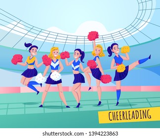 Fans cheering team colored composition team activity with five girls in uniforms vector illustration