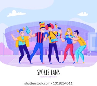 Fans cheering team composition with group of people pose on stadium background vector illustration