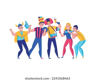 Fans cheering team composition with group of human characters wearing accessories cheering for the team vector illustration
