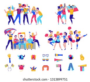 Fans cheering team icon set with groups of people and football attributes cheering for the team vector illustration