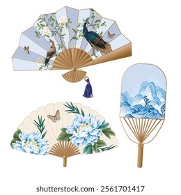 Fans with Chinese mountanes, peonies and birds. Vector.