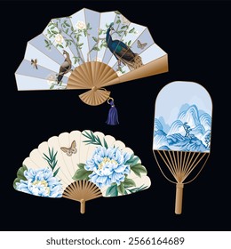 Fans with Chinese mountanes, peonies and birds. Vector