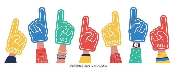 Fans fingers banner. Fan foam finger, competition support team. Sport, soccer or football symbols. Gloves on human hands, decent vector background