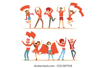 Fans Group In Red Outfits Supporting Their Favorite Sports Team Vector Illustration Set Isolated On White Background