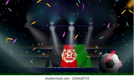Fans hold the flag of Afghanistan among silhouette of crowd audience in soccer stadium with confetti to celebrate football game. Concept design for football result template
