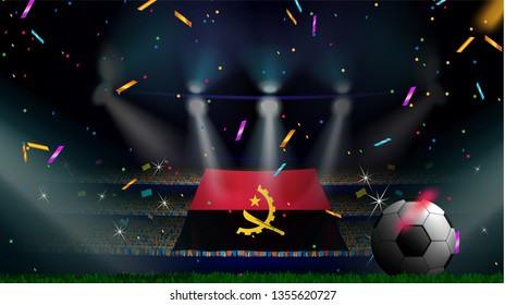 Fans hold the flag of Angola among silhouette of crowd audience in soccer stadium with confetti to celebrate football game. Concept design for football result template