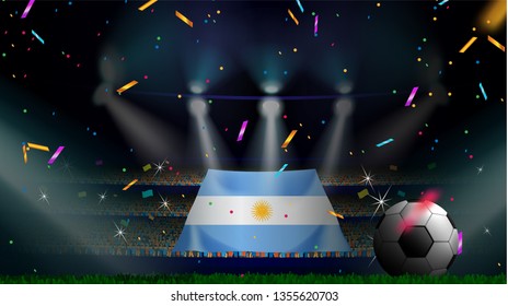 Fans hold the flag of Argentina among silhouette of crowd audience in soccer stadium with confetti to celebrate football game. Concept design for football result template