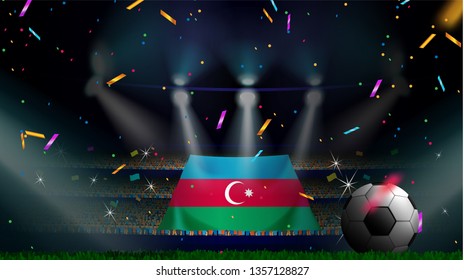 Fans hold the flag of Azerbaijan among silhouette of crowd audience in soccer stadium with confetti to celebrate football game. Concept design for football result template