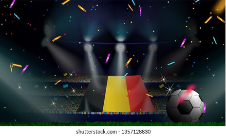 Fans hold the flag of Belgium among silhouette of crowd audience in soccer stadium with confetti to celebrate football game. Concept design for football result template