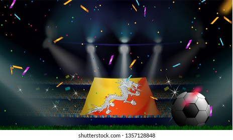 Fans hold the flag of Bhutan among silhouette of crowd audience in soccer stadium with confetti to celebrate football game. Concept design for football result template