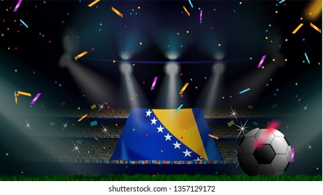 Fans hold the flag of Bosnia and Herzegovina among silhouette of crowd audience in soccer stadium with confetti to celebrate football game. Concept design for football