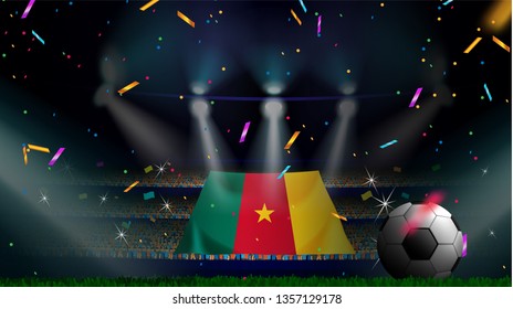 Fans hold the flag of Cameroon among silhouette of crowd audience in soccer stadium with confetti to celebrate football game. Concept design for football result template