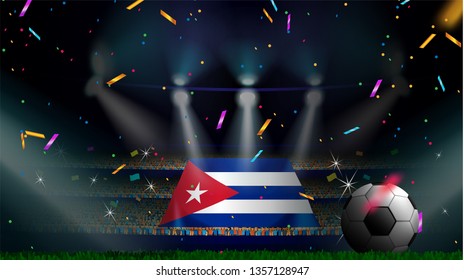 Fans hold the flag of Cuba among silhouette of crowd audience in soccer stadium with confetti to celebrate football game. Concept design for football result template