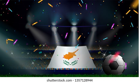 Fans hold the flag of Cyprus among silhouette of crowd audience in soccer stadium with confetti to celebrate football game. Concept design for football result template