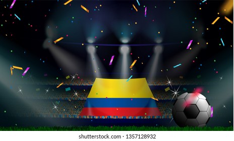 Fans hold the flag of Ecuador among silhouette of crowd audience in soccer stadium with confetti to celebrate football game. Concept design for football result template