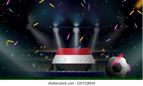 Fans hold the flag of Egypt among silhouette of crowd audience in soccer stadium with confetti to celebrate football game. Concept design for football result template