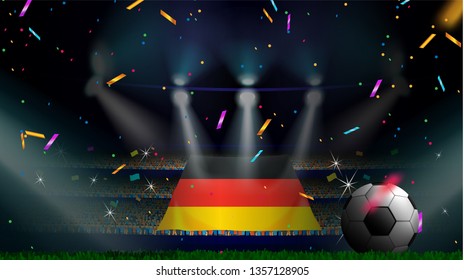 Fans hold the flag of Germany among silhouette of crowd audience in soccer stadium with confetti to celebrate football game. Concept design for football result template