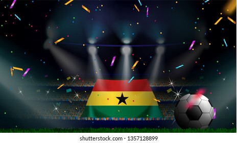 Fans hold the flag of Ghana among silhouette of crowd audience in soccer stadium with confetti to celebrate football game. Concept design for football result template