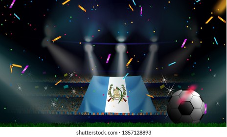 Fans hold the flag of Guatemala among silhouette of crowd audience in soccer stadium with confetti to celebrate football game. Concept design for football result template