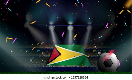 Fans hold the flag of Guyana among silhouette of crowd audience in soccer stadium with confetti to celebrate football game. Concept design for football result template