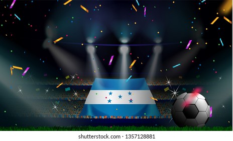 Fans hold the flag of Honduras among silhouette of crowd audience in soccer stadium with confetti to celebrate football game. Concept design for football result template