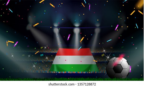 Fans hold the flag of Hungary among silhouette of crowd audience in soccer stadium with confetti to celebrate football game. Concept design for football result template