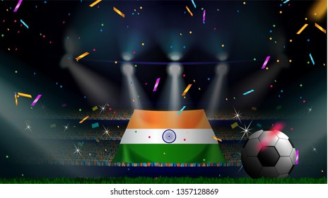 Fans hold the flag of India among silhouette of crowd audience in soccer stadium with confetti to celebrate football game. Concept design for football result template