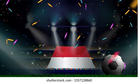 Fans hold the flag of Indonesia among silhouette of crowd audience in soccer stadium with confetti to celebrate football game. Concept design for football result template