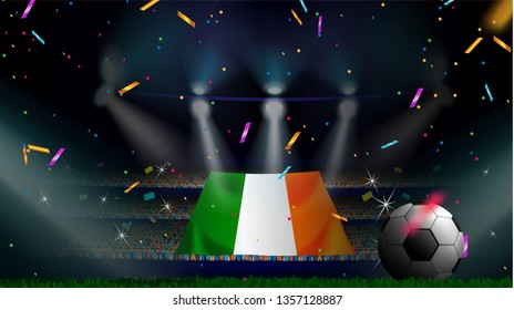 Fans hold the flag of Ireland among silhouette of crowd audience in soccer stadium with confetti to celebrate football game. Concept design for football result template