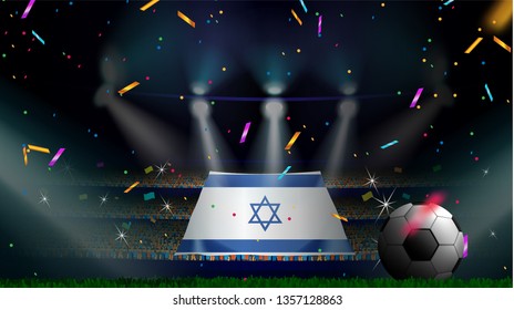 Fans hold the flag of Israel among silhouette of crowd audience in soccer stadium with confetti to celebrate football game. Concept design for football result template