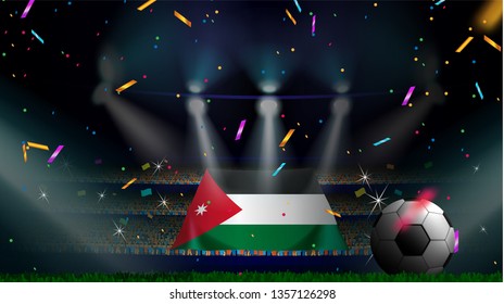 Fans hold the flag of Jordan among silhouette of crowd audience in soccer stadium with confetti to celebrate football game. Concept design for football result template